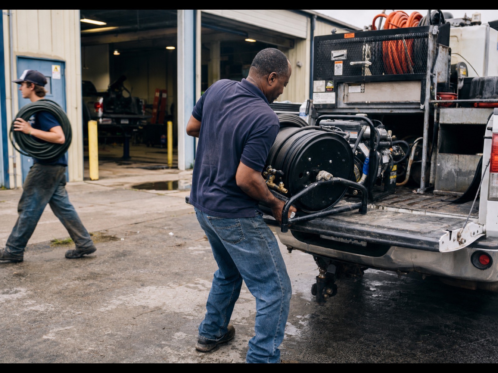 A service-business owner in his work truck at dawn, looking out at the road ahead