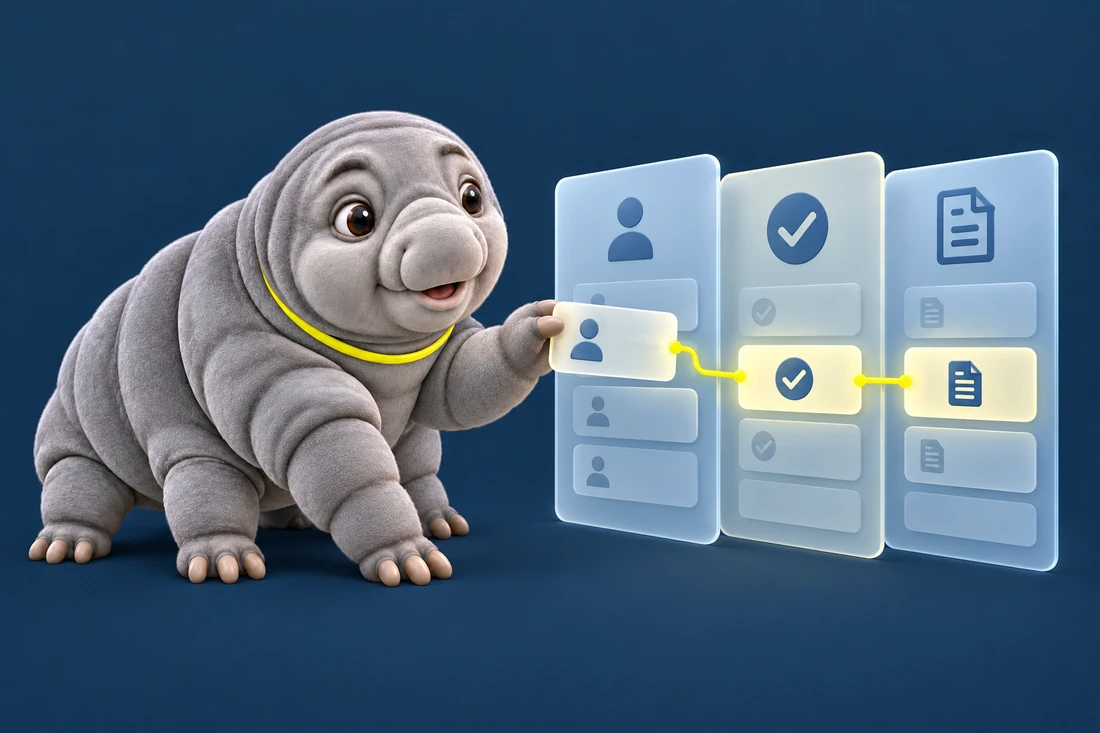 Bob follows a yellow line joining a customer record, a completed job and an invoice.