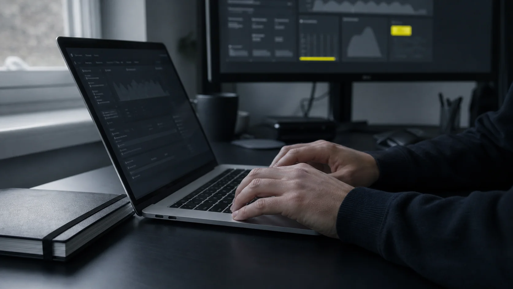 An operator's hands at a laptop keyboard at first light, a faint dashboard on a second monitor showing a single accent metric — the system running quietly while the work continues.