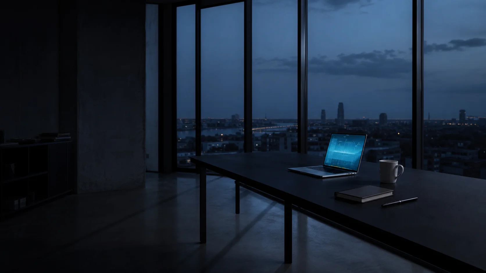 Atmospheric wide shot of a conference table at dusk — a single document centered under a focused overhead light, two empty chairs framing the frame, the rest of the room in shadow.