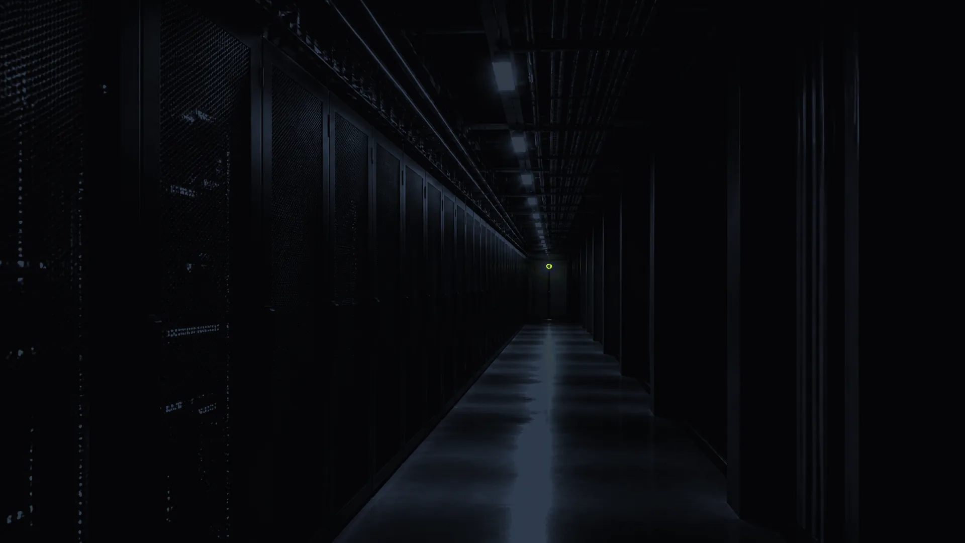 An abstract dark corridor of ordered steel geometry with a single distant accent light far down the aisle, evoking infrastructure that runs in the background.