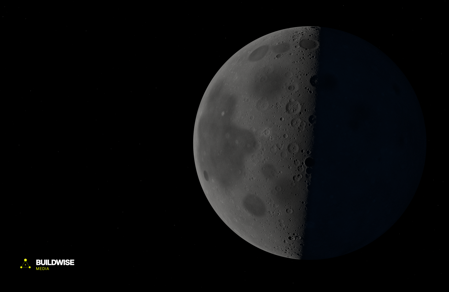 Half Moon, desktop: a large half-lit moon on the right of a black sky, with a small Buildwise Media logo at lower left.