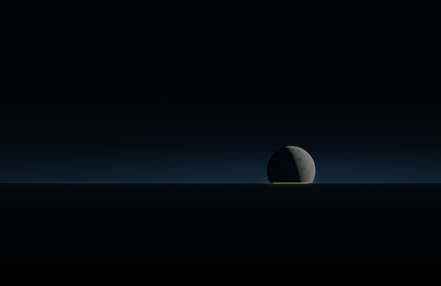 Moonrise, desktop: a crescent moon half-risen over a flat dark horizon, with a thin yellow line where it meets the ground.