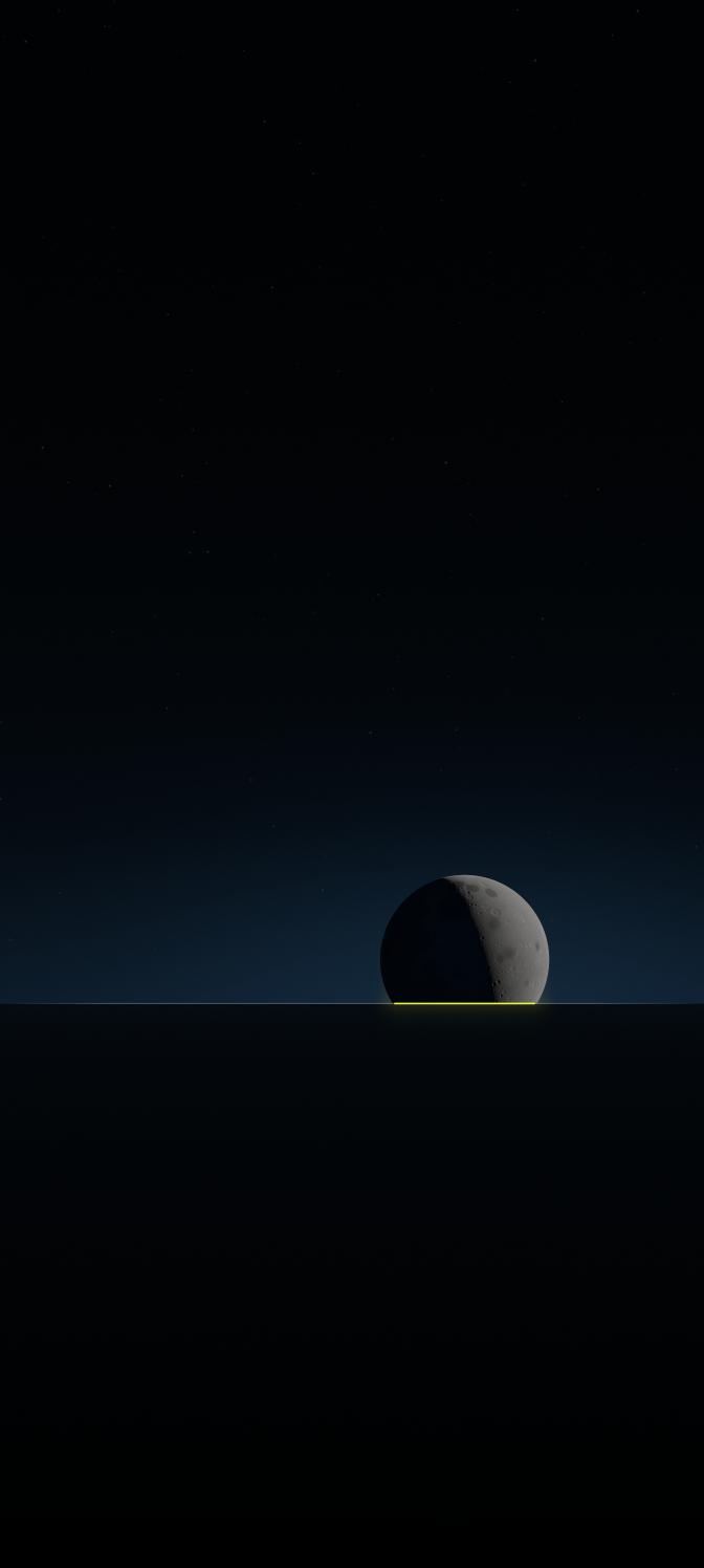 Moonrise, phone: the same crescent on its horizon, low in a tall night sky.