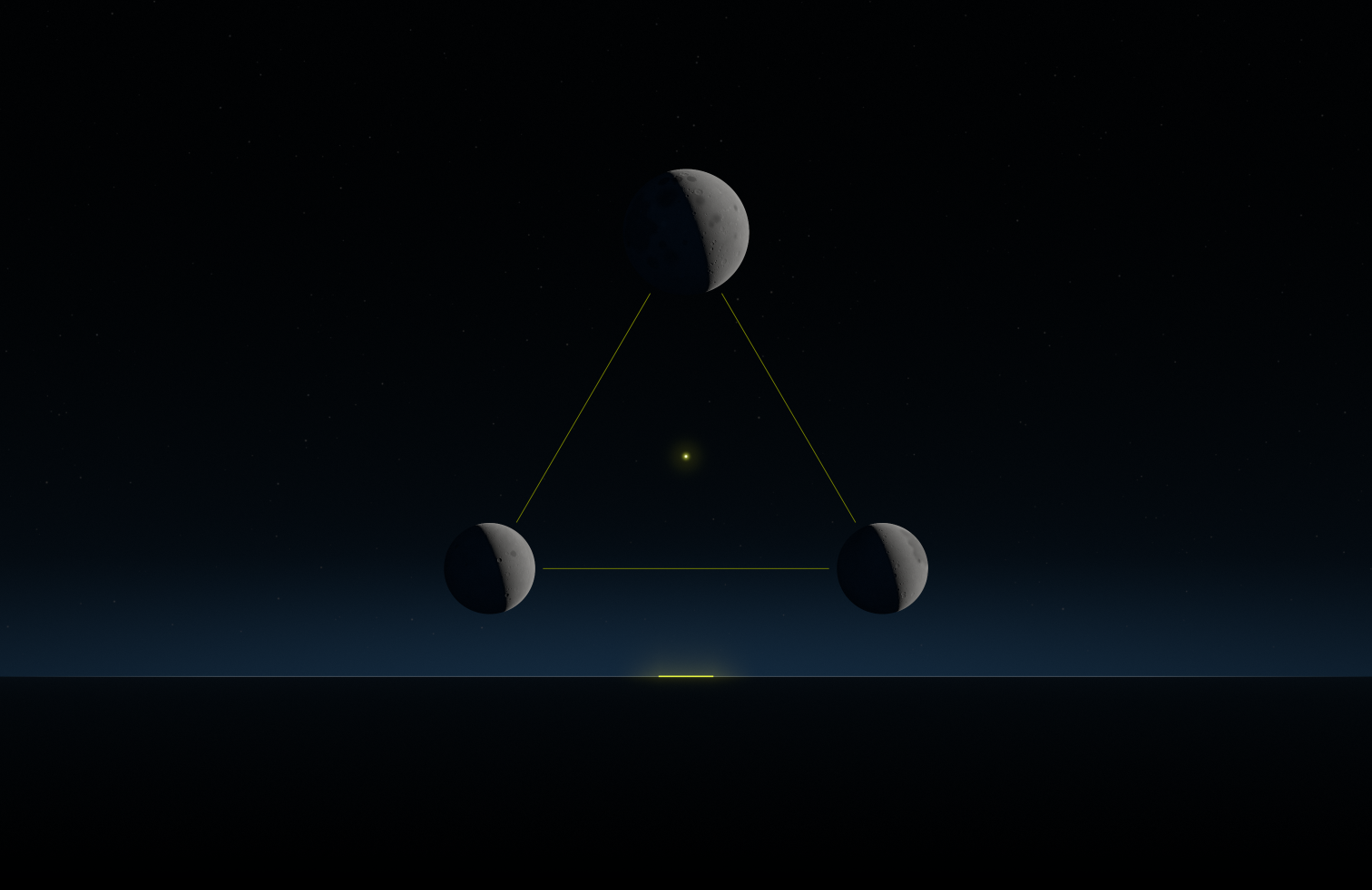 Three Crescents, desktop: three crescent moons in a yellow triangle above a dark horizon with a short yellow line.