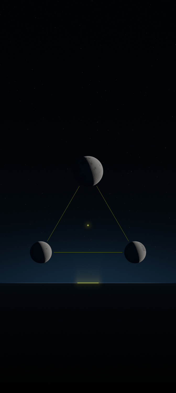 Three Crescents, phone: the crescent triangle and yellow horizon line in a tall night sky.