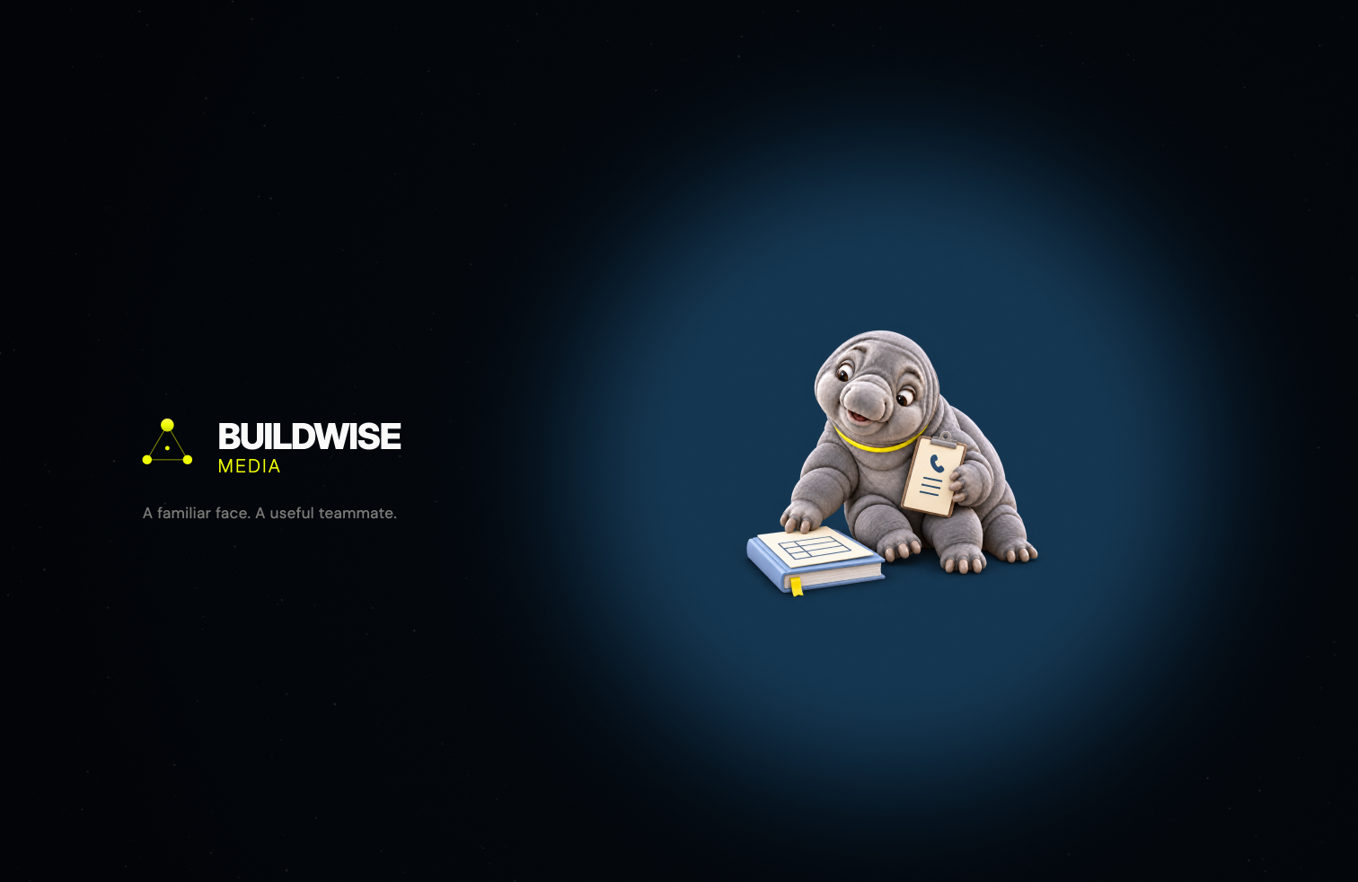 Bob, Soft Light, desktop: Bob the water bear in a pool of navy light with a book and clipboard, the Buildwise Media logo and the line “A familiar face. A useful teammate.” at left.