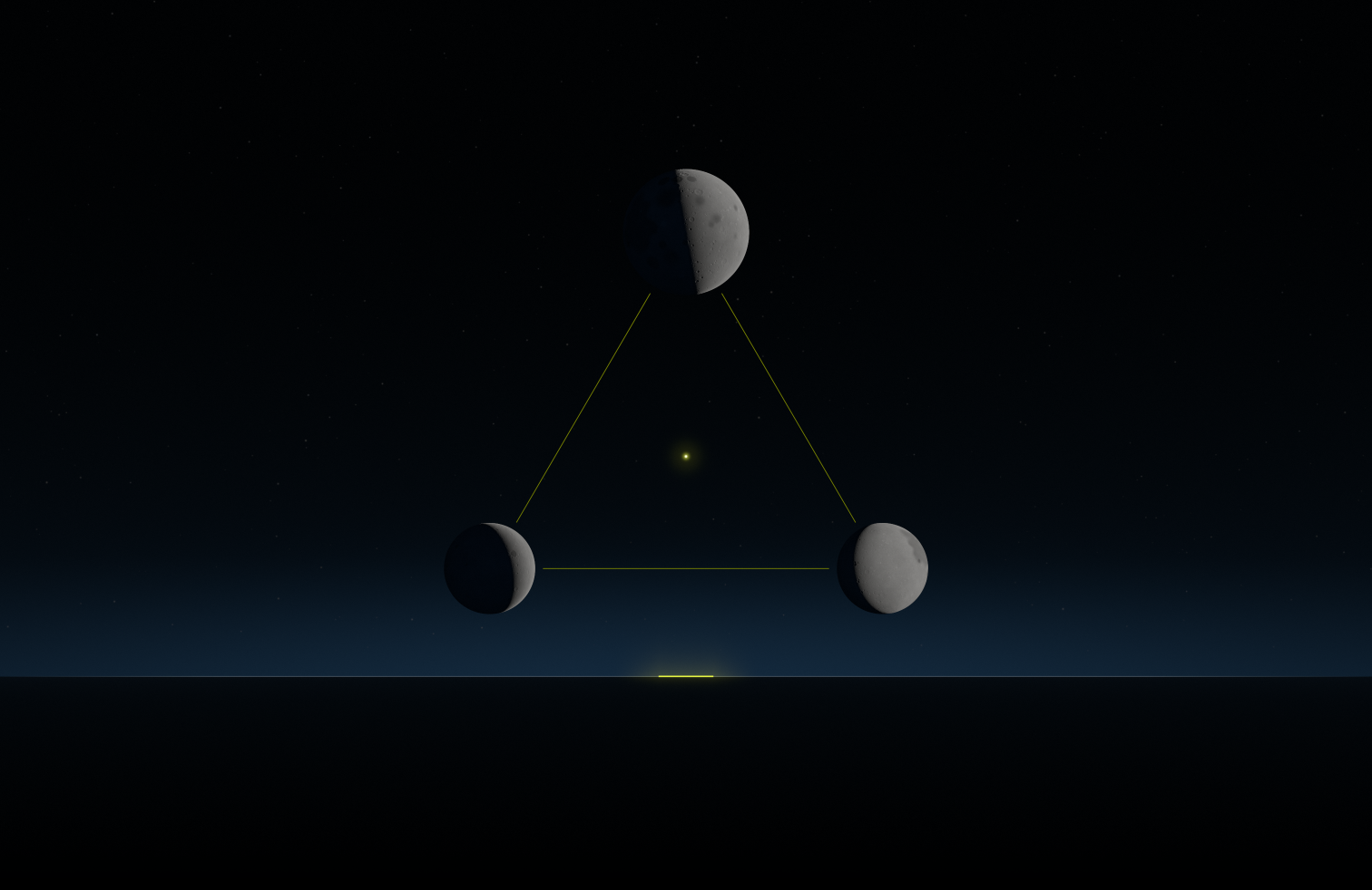 Phase Horizon, desktop: three moons in different phases joined by a yellow triangle, above a blue horizon glow with a short yellow line.