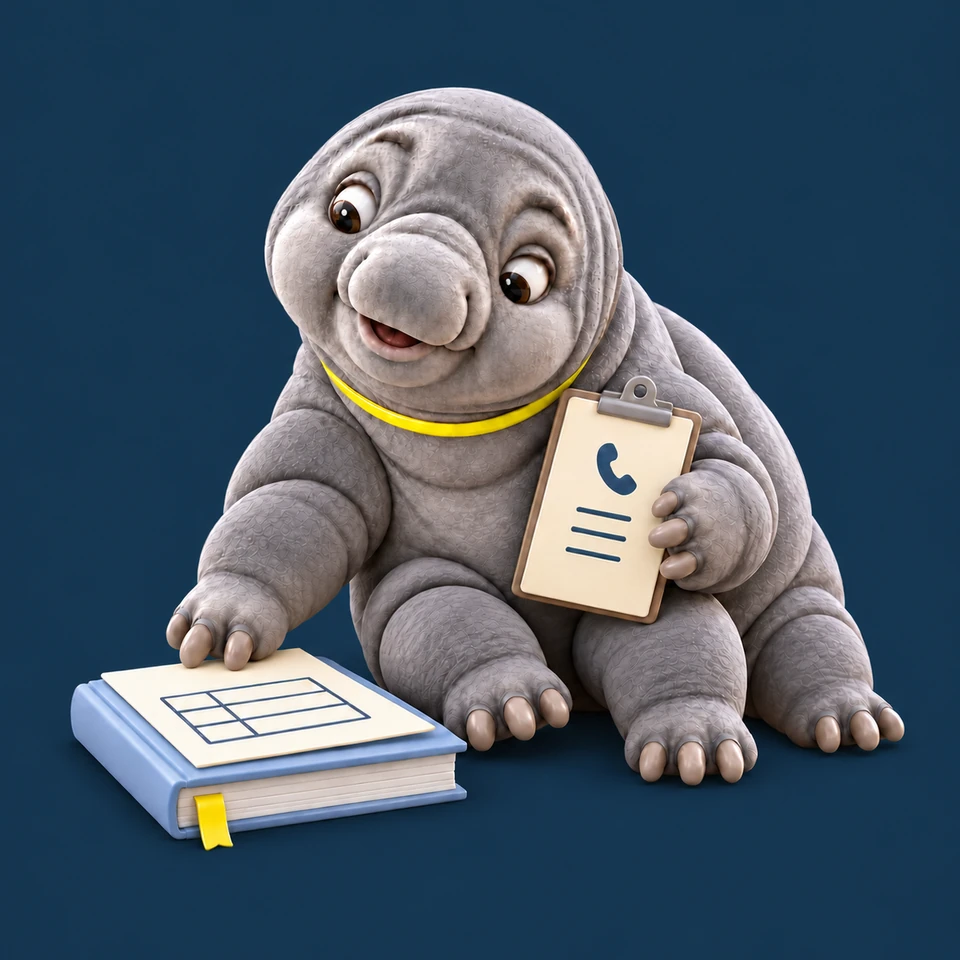 Bob, the Buildwise Media water bear, sitting with one paw on an open book and a clipboard in the other.
